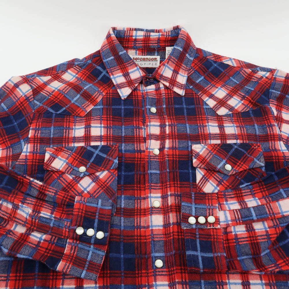 Vintage McGregor Bagpiper Mens Medium Red Blue Plaid Western Pearl Snap Flannel